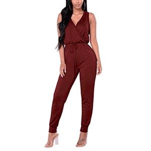 MAGICMK Womens Sleeveless Cotton Jumpsuit V Neck Romper Jumpsuits Size Small
